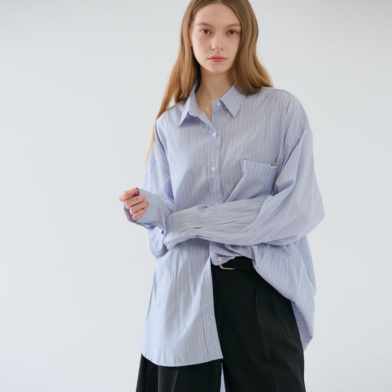 Over-sized Stripe Long Shirts Blue