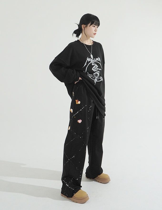 Unique Painting Button Wide Pants
