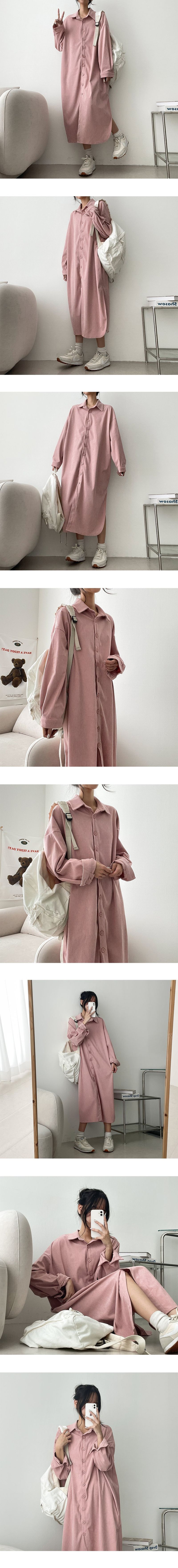 Riden Collar Button Corduroy Long Dress