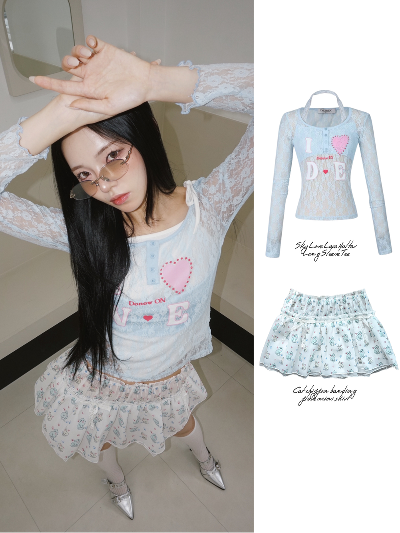 Cat chiffon banding flare mini skirt