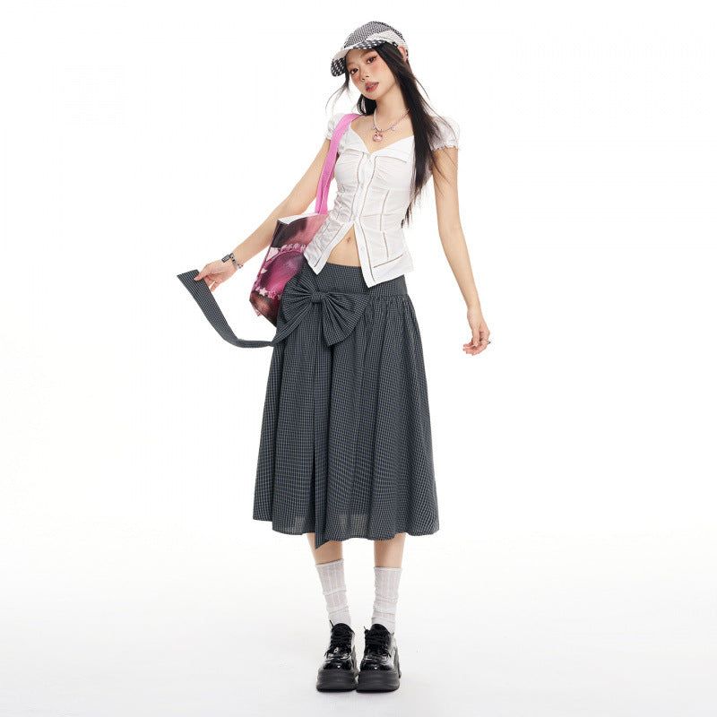 Navy Plaid Bow A-Line Midi Skirt