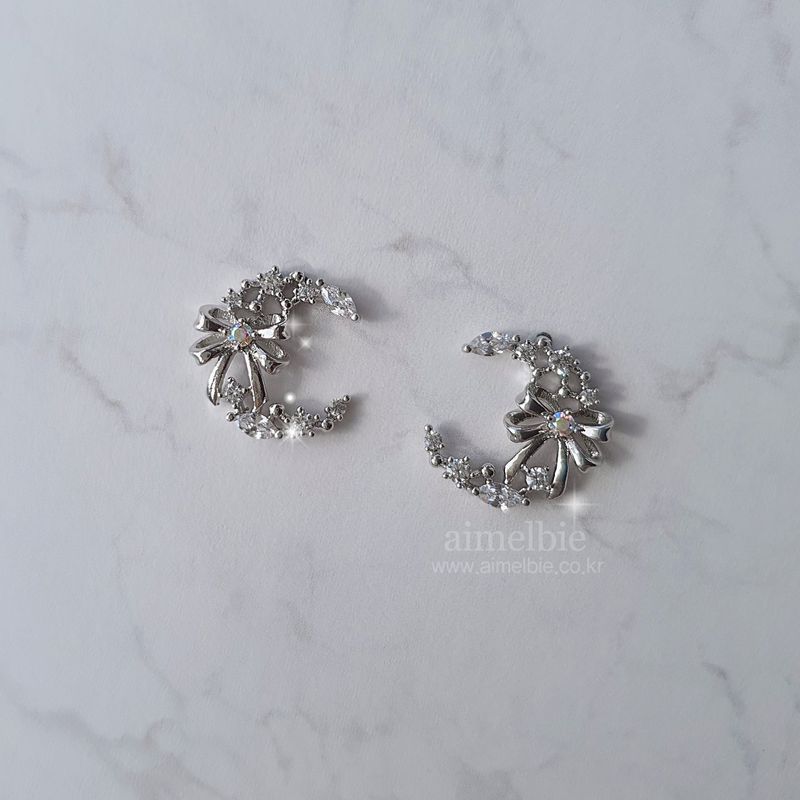  Dainty Ribbon and Moon Earrings - Silver
