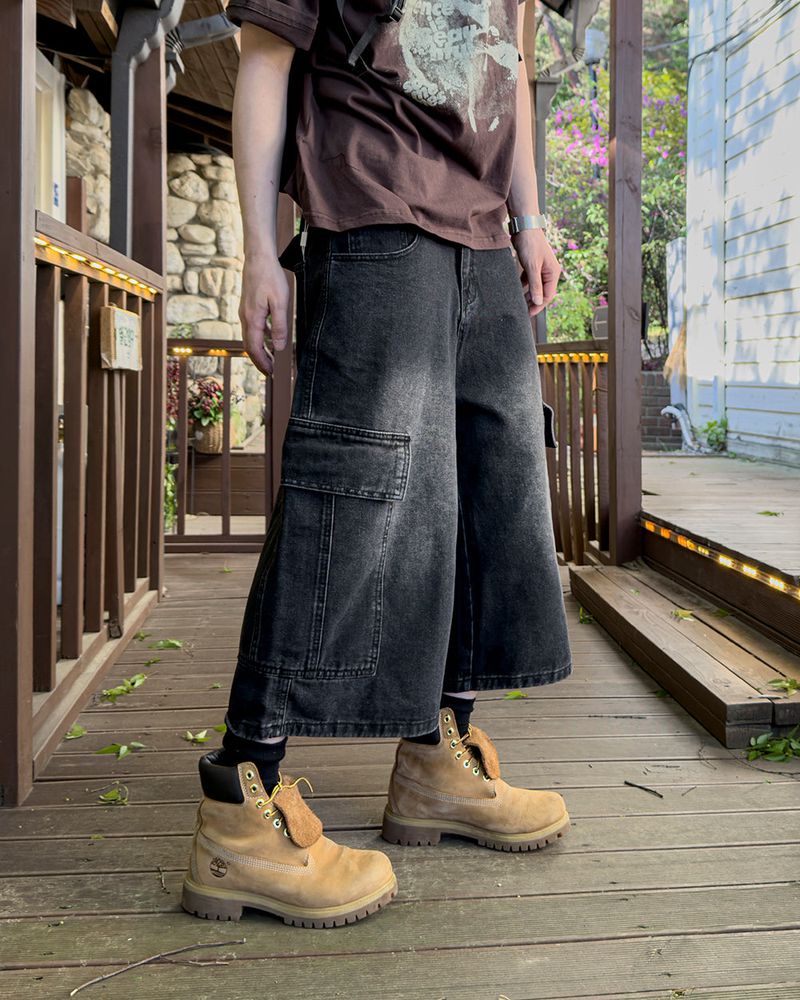 Kazen Washed Cargo Bermuda Denim Pants