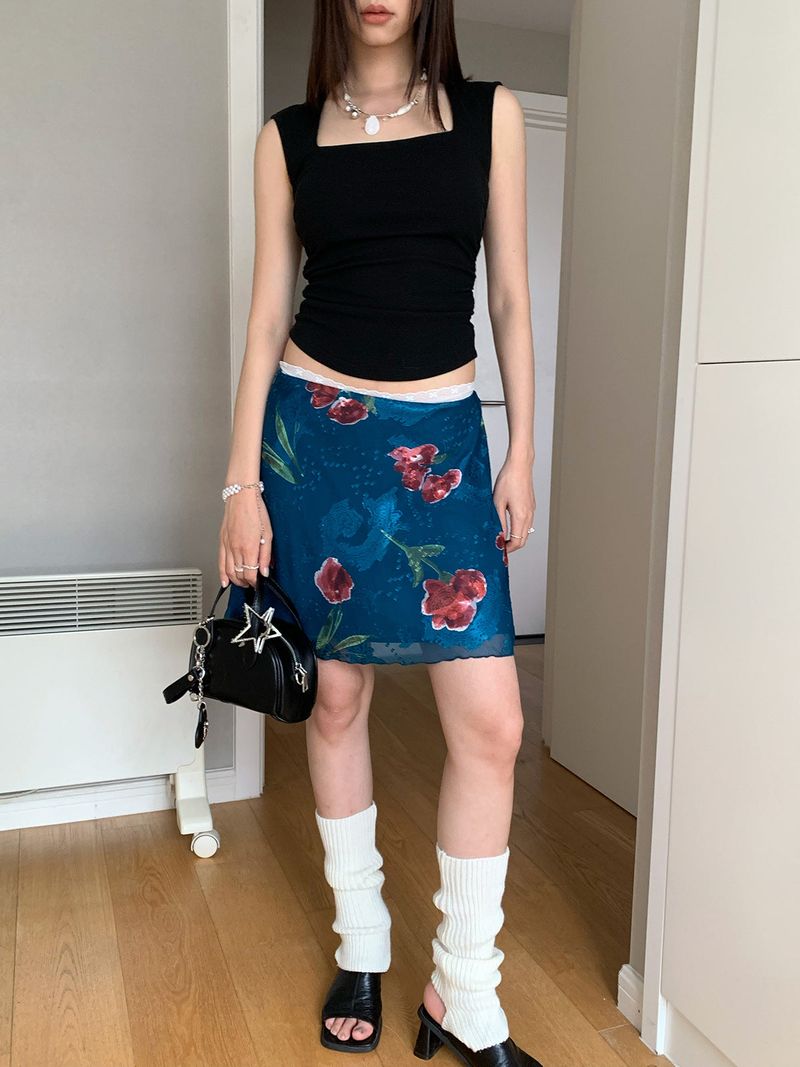 Red flower blue chiffon chiffon skirt