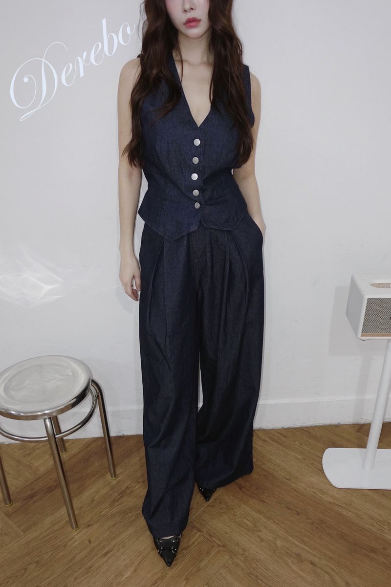 Dark blue denim vest pants two-piece