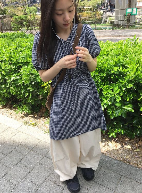 Zimo Check Button Puff Short Sleeve One Piece