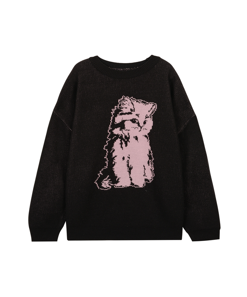 ITZAVIBE（イッザバイブ）の「THINKING PINK CAT KNIT - BLACK（Tops）」