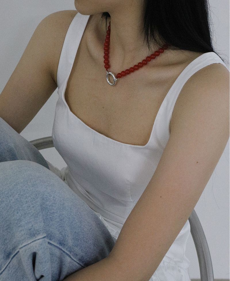 [MADE] Capsule02 Silver Open Pendant Gemstone Necklace _Red