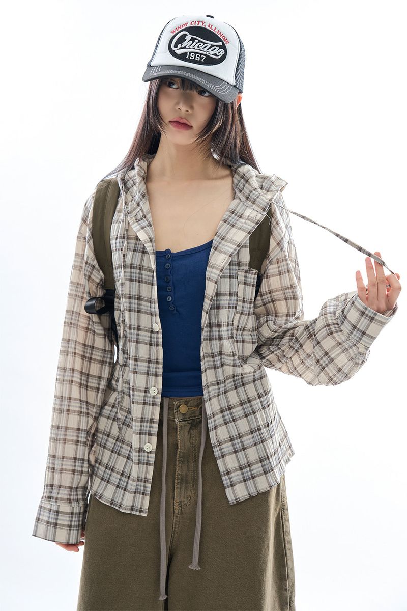 Raucohouse（ラウコハウス）の「Civita wrinkle hooded check shirt（Tops）」