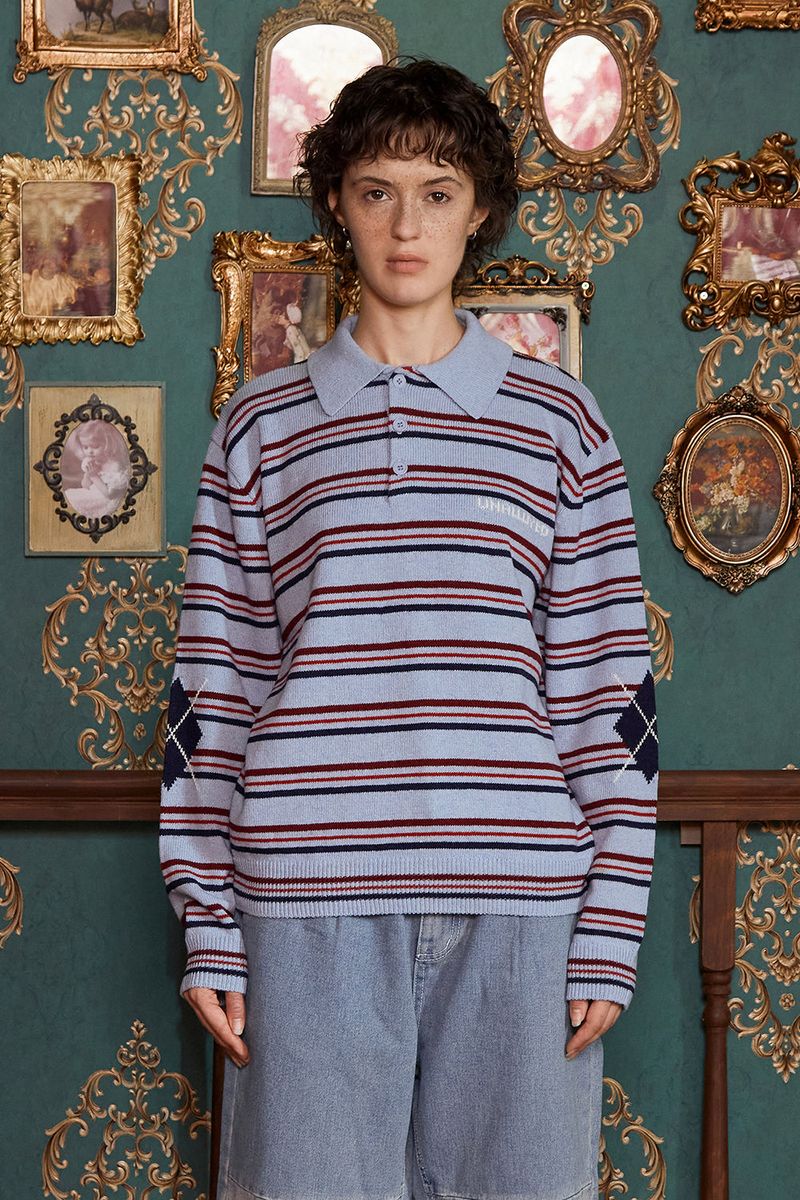 UNALLOYED（アナロイド）の「STRIPE LOGO KNIT POLO SHIRT / SKY BLUE（Tops）」