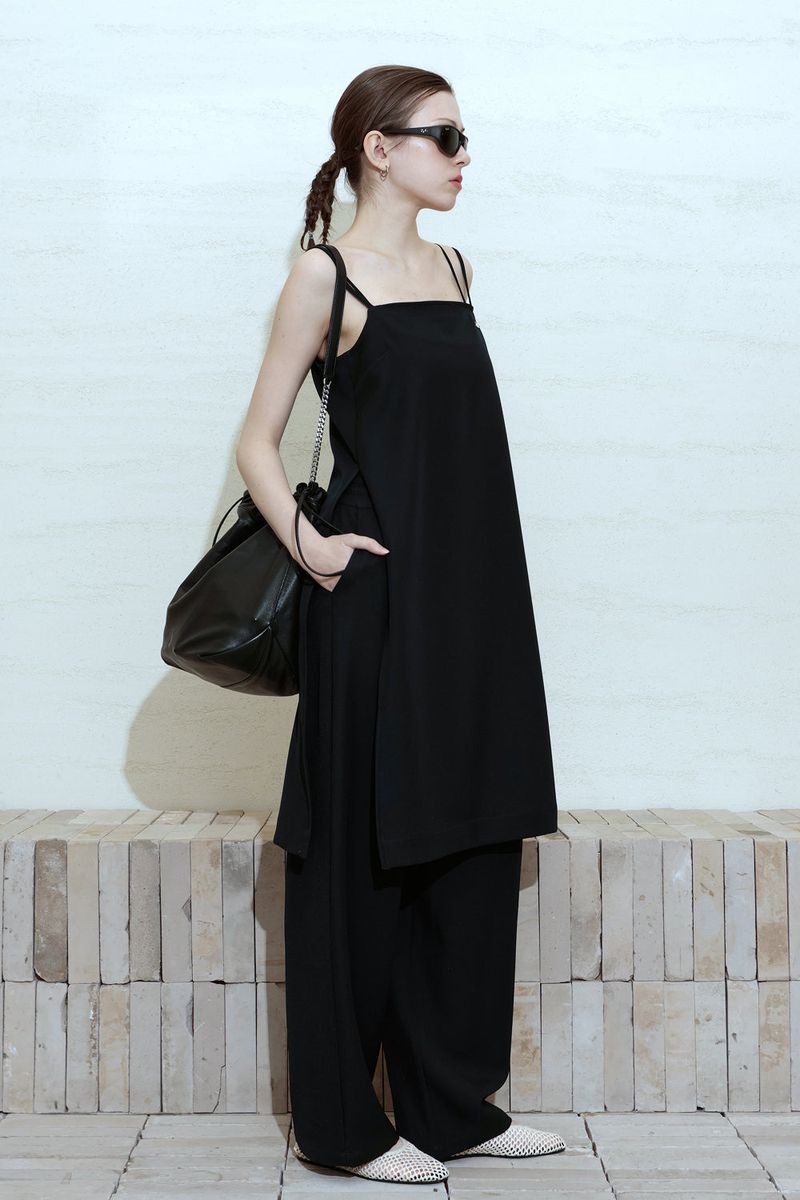 [SET-UP] DEEP SLIT DRESS, EASY BANDING SLACKS SET_NAVY