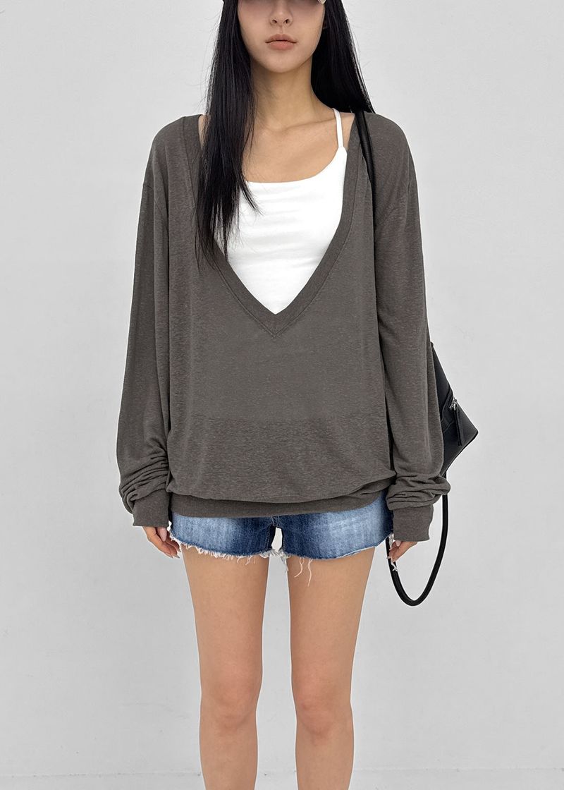 [MADE] Roslyn Deep V-Neck Summer Long Sleeve Top (Linen 55%)
