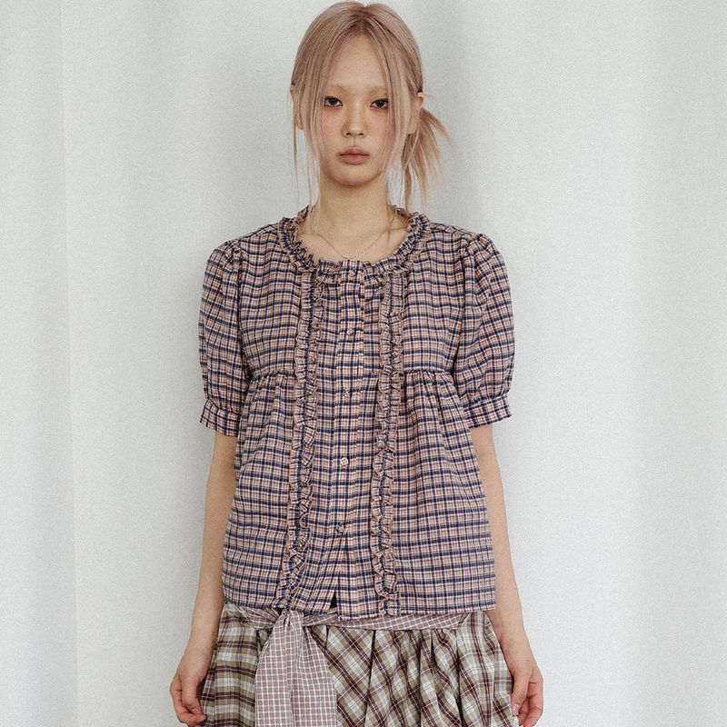 Check Frill Blouse (beige)
