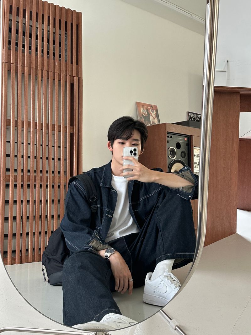 LMN log Oversized fit stitch denim setup jacket (2 colors)