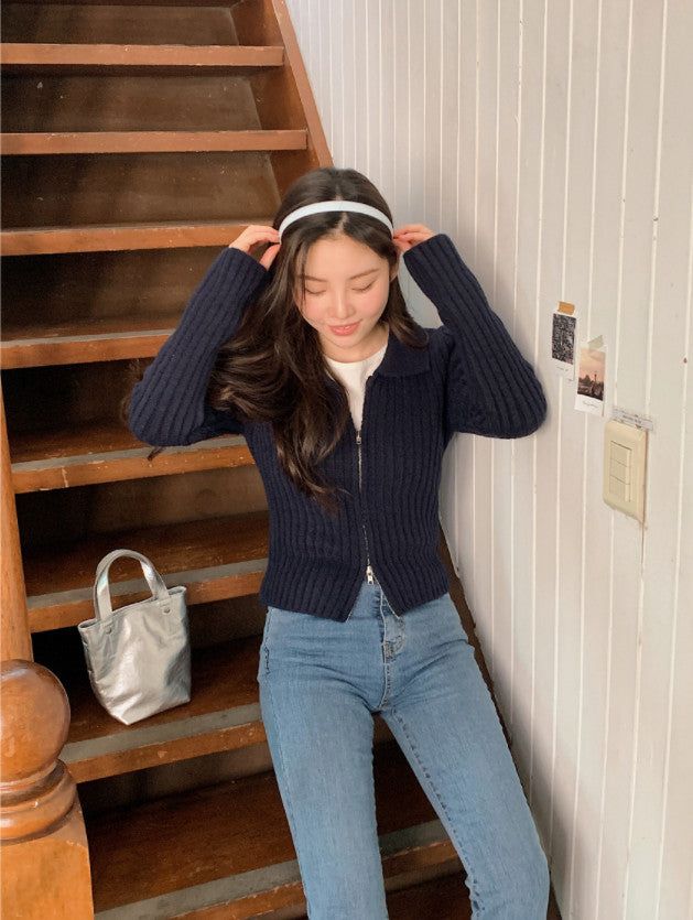 AZ Collar Crop Knit Zip-up (4color)