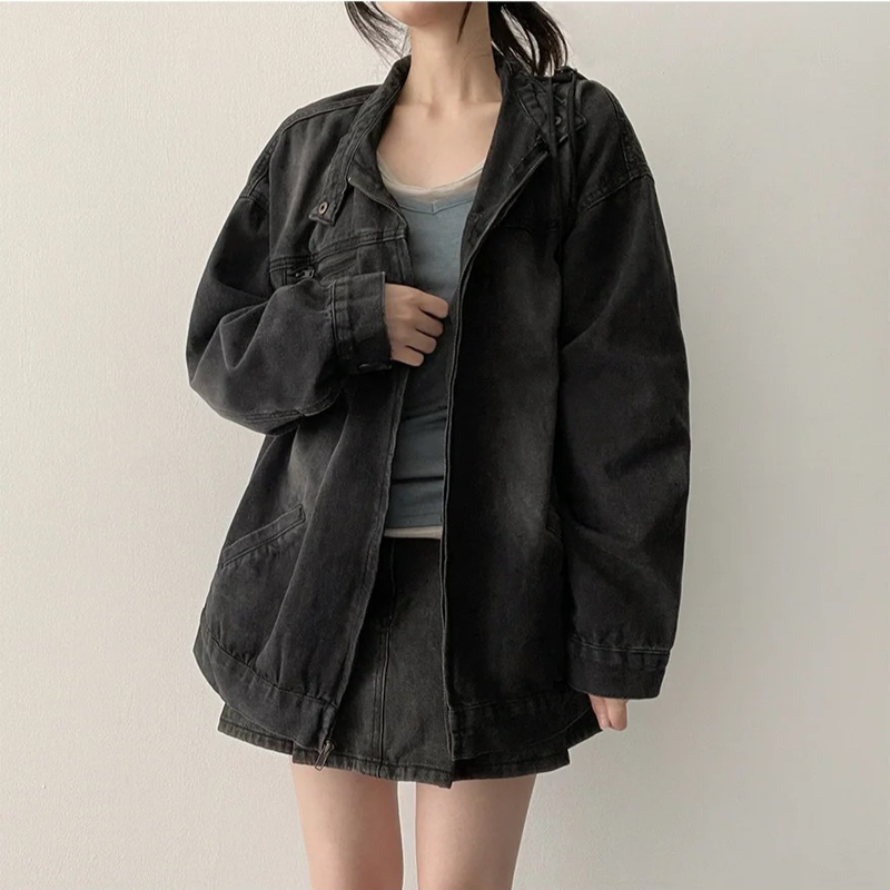 Boxy Fit* Vintage🤎Washed High Neck Denim Zip-Up Jacket