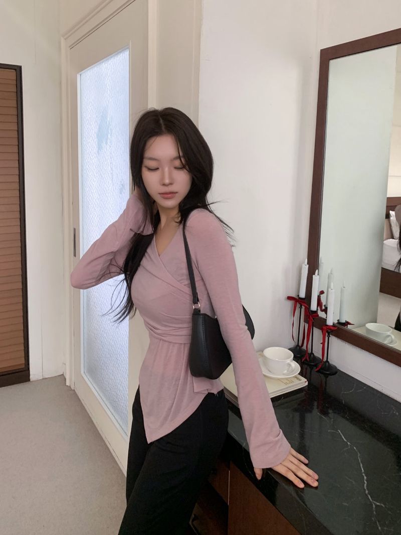 Berre Wrap Shirring Asymmetric Long Sleeve Tee