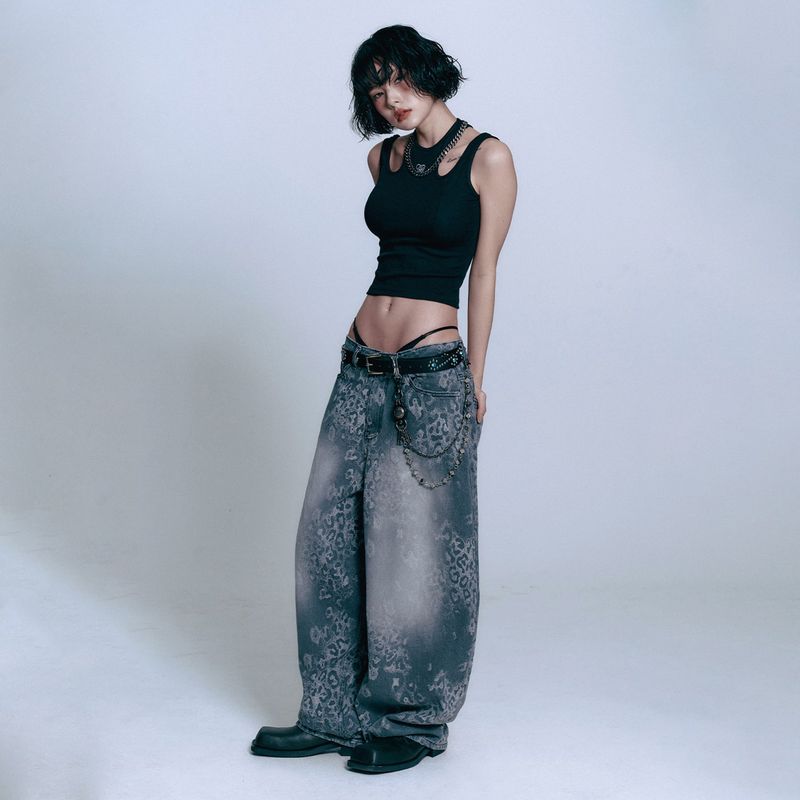 Sun Patch Leopard Balloon Denim Pants - BLACK