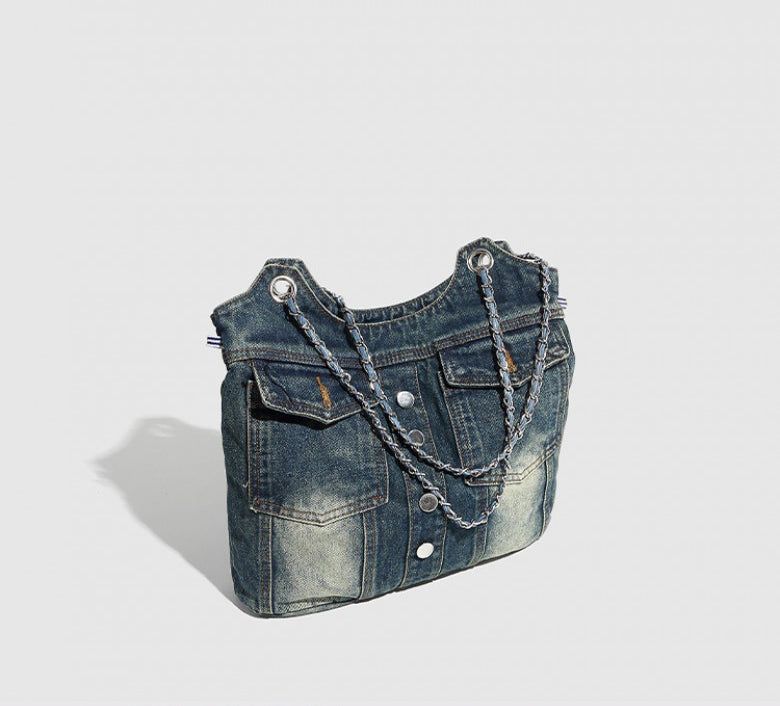denim pocket chain cross shoulder bag