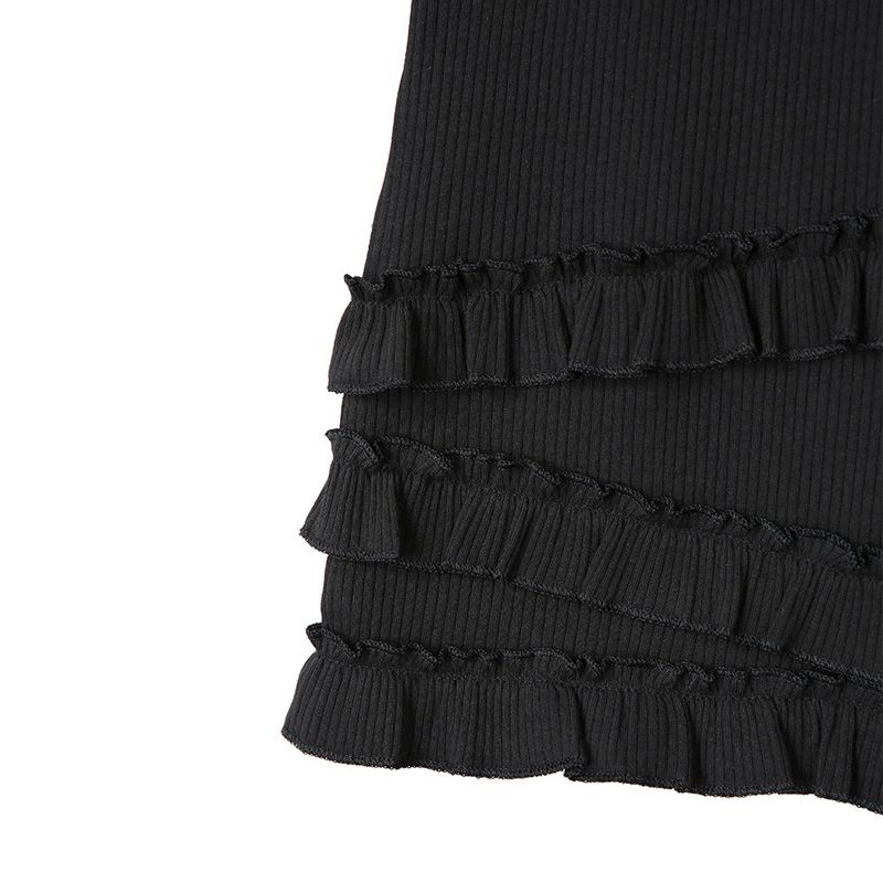 Ribbed Frill Legging Pants - Black