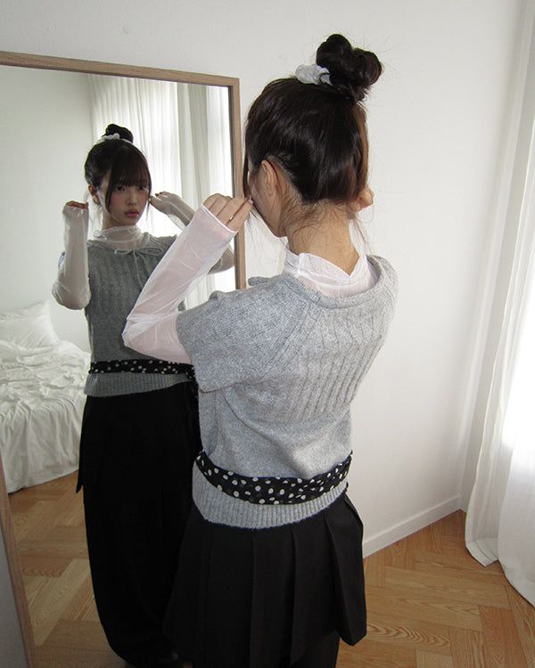 Moon Round-Neck Ribbon Layered Wool Short-Sleeve Knit