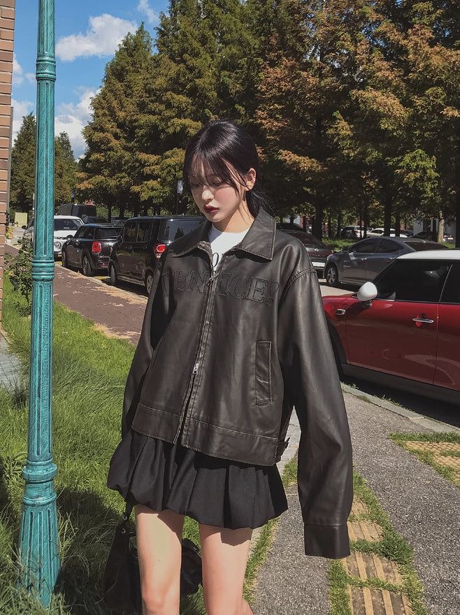 Mark Lettering Two Way Leather Jacket