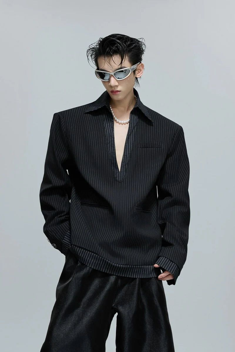 Striped V-Neck Padded Blazer