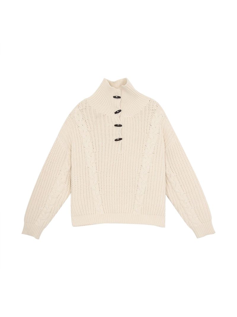 high-neck button bold ribbed loose fit knitwear
