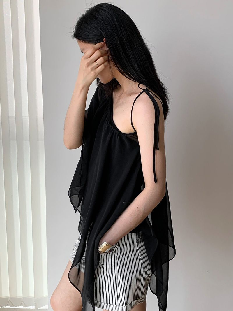 unbalanced chiffon see-through frill blouse