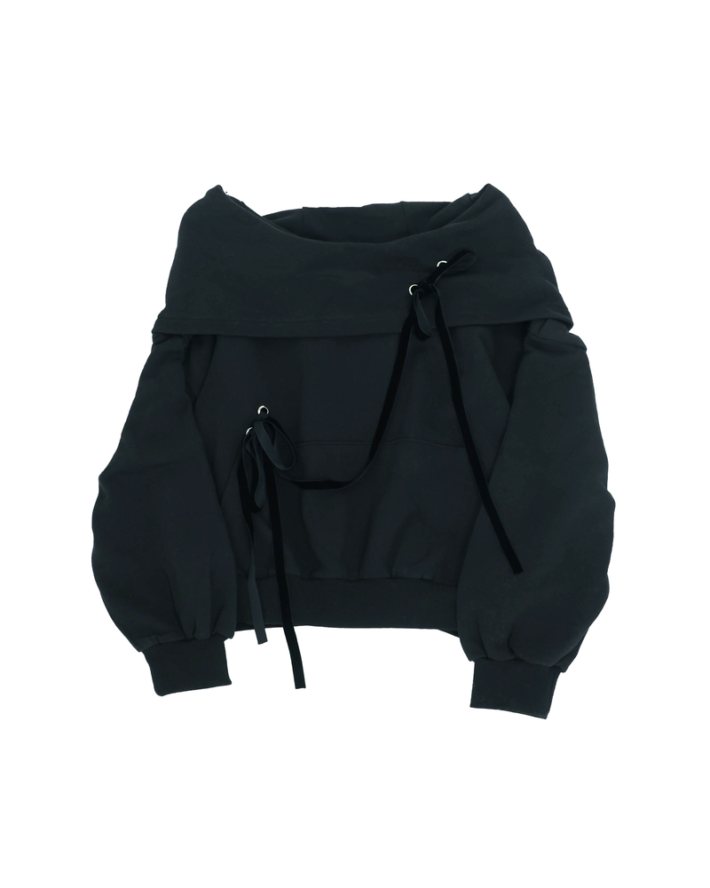 offshoulder ribbon hoodie(black)