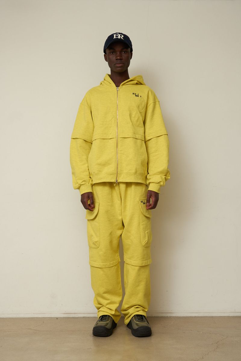 Back point shirring hood zip-up (Melange Yellow)