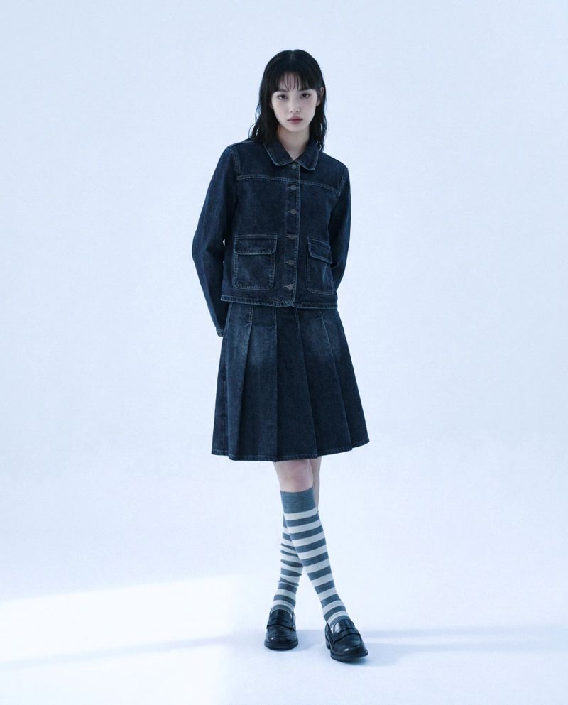 STITCH DENIM PLEATS MIDI SKIRT