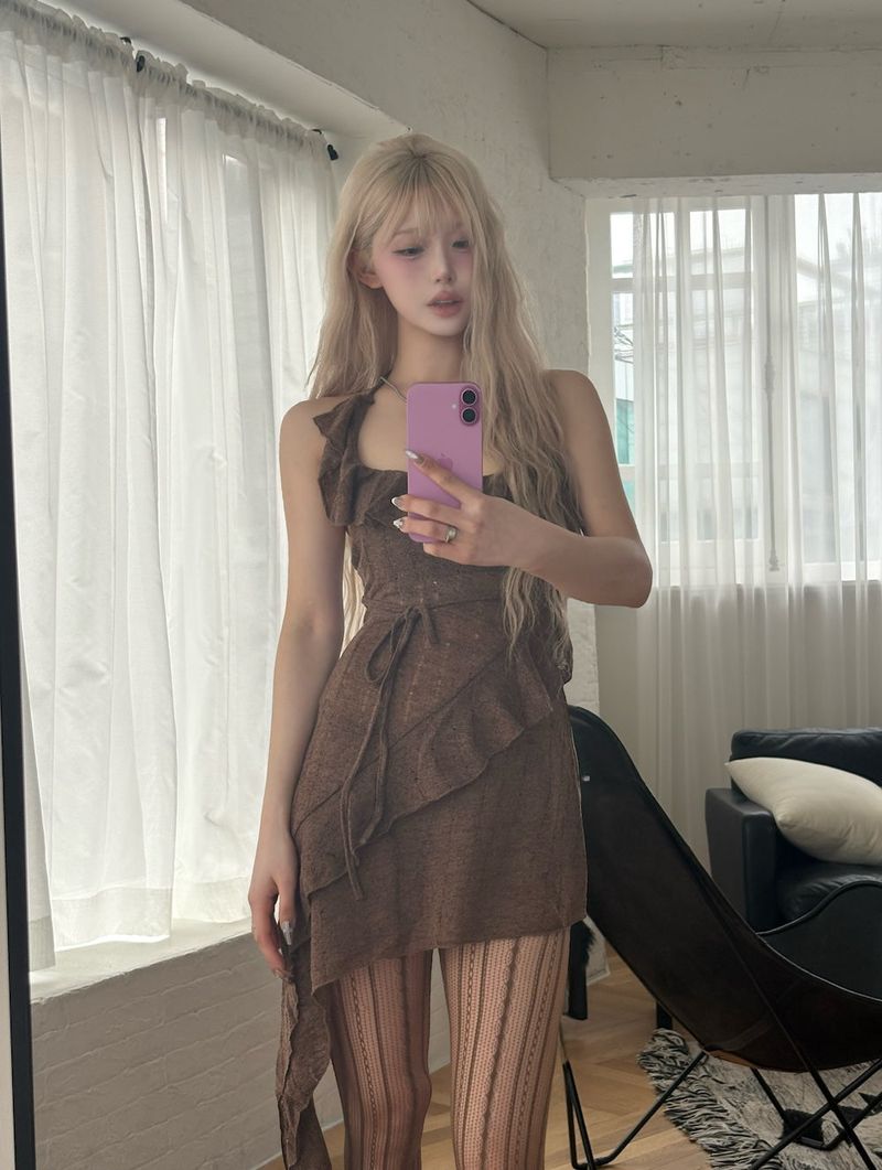 Brown Asymmetrical Ruffle Mini Dress