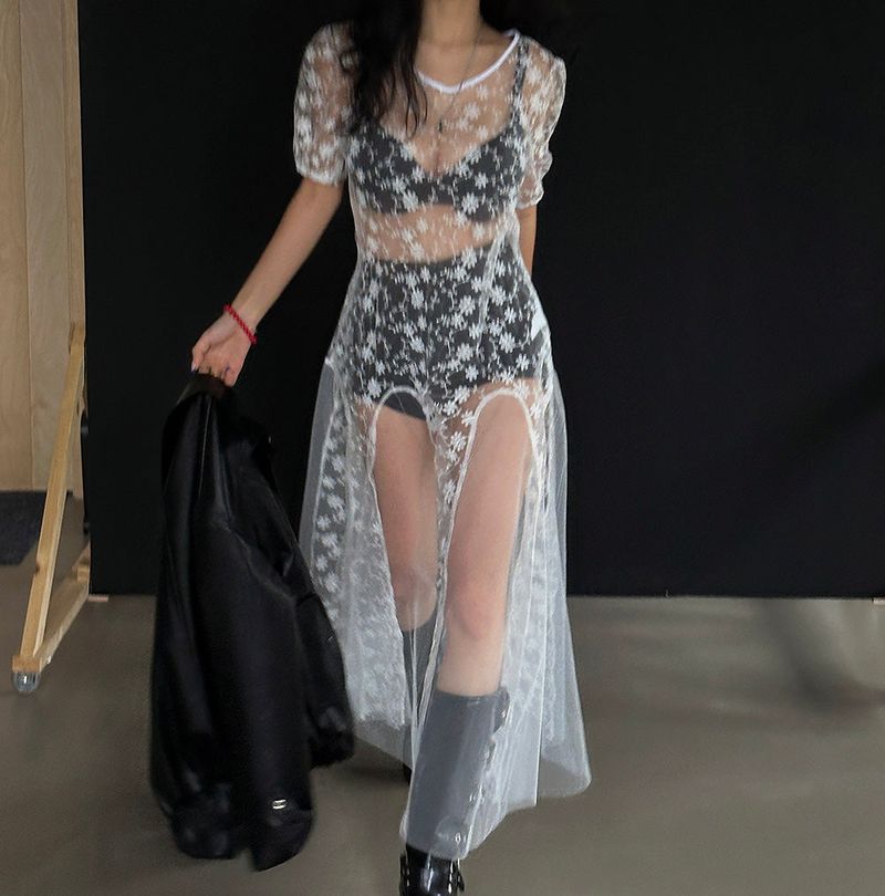 see-through lace long dress
