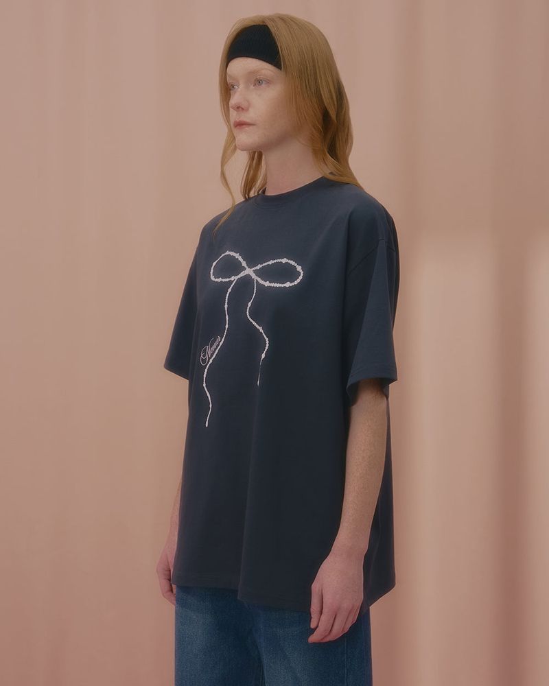 WAVE PEARL RIBBON TSHIRT-CHARCOAL