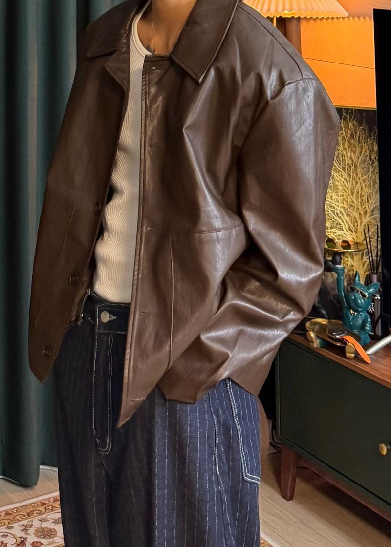 Leather Collar Button Jacket 3COLOR
