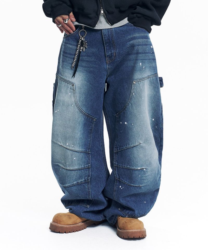 Curved Double Knee Denim Pants - Deep Blue