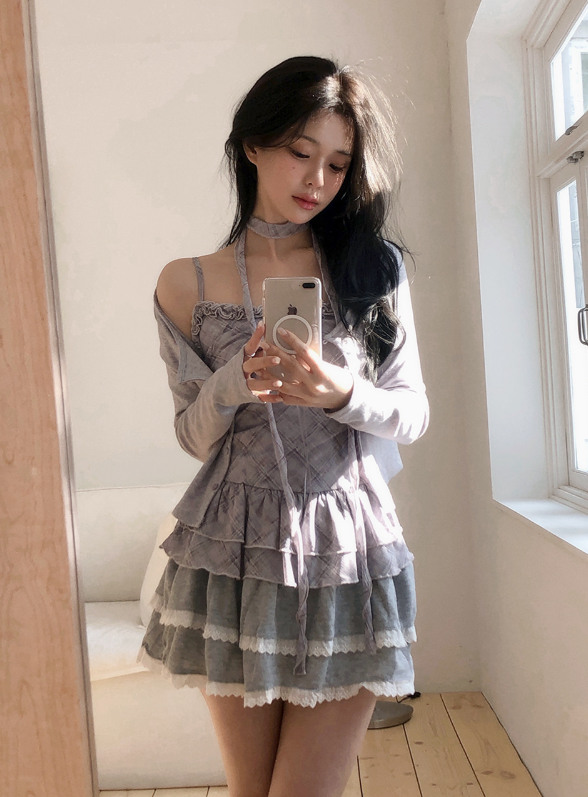 BN Check Frill Bustier + Cardigan + Tie Set (3color)