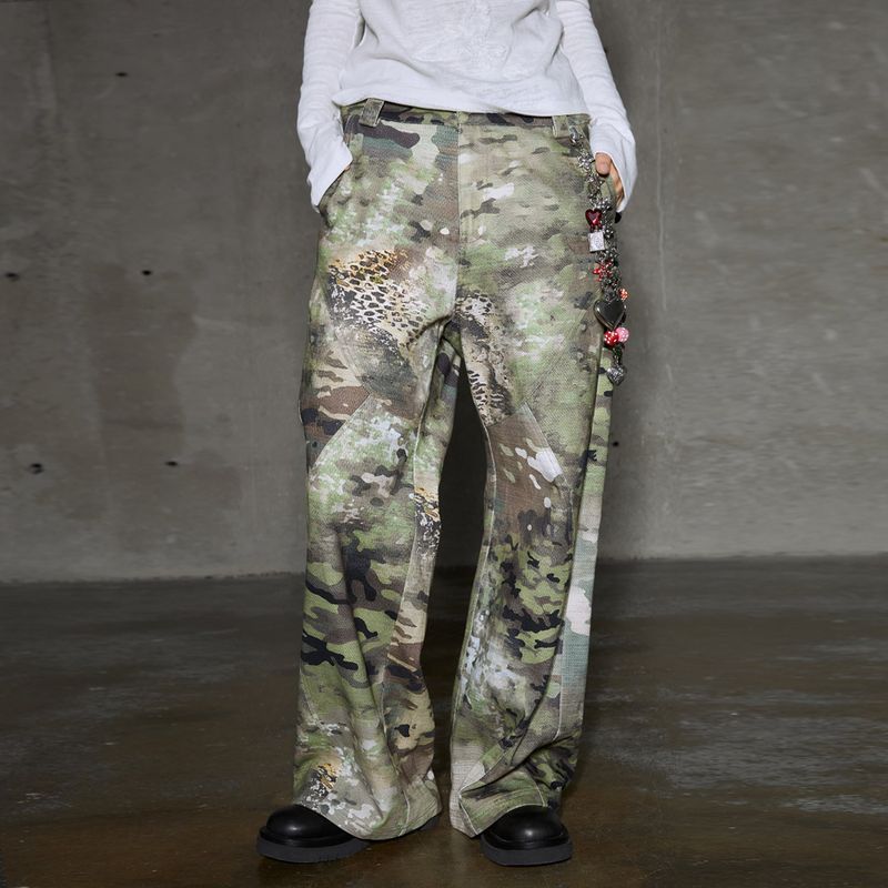  Camouflage leopard print split design loose straight trousers
