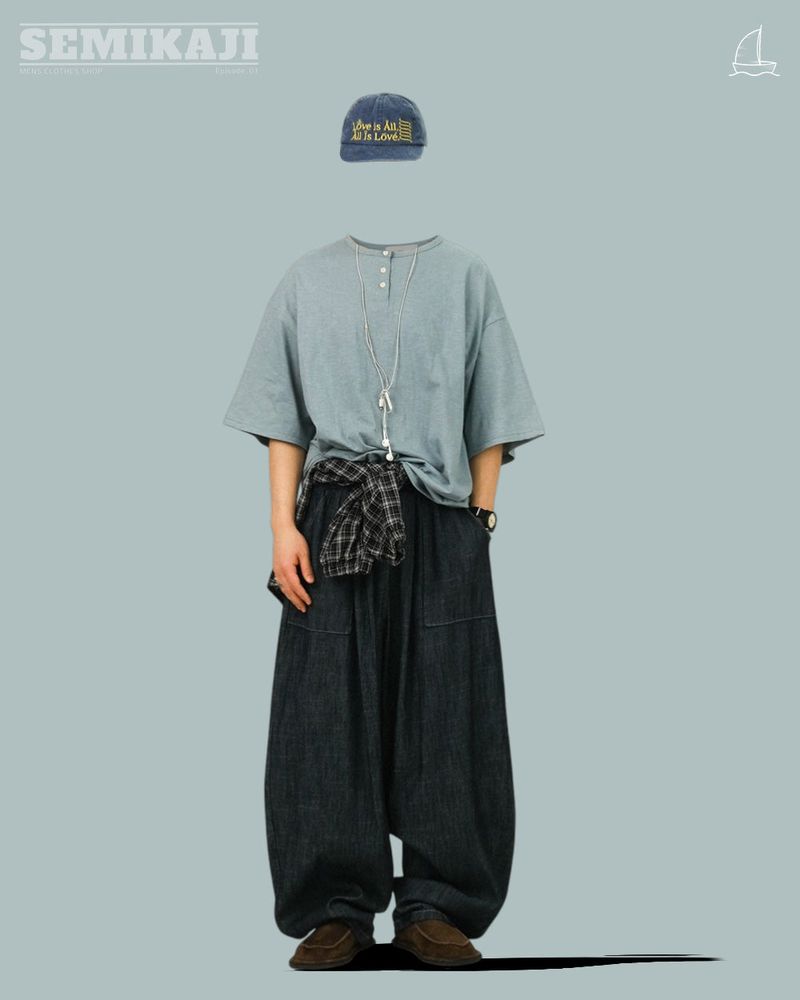 [SEMADE] Short Slub Henley Neck Over Sleeve 슬럽 헨리넥 티셔츠 (반팔)