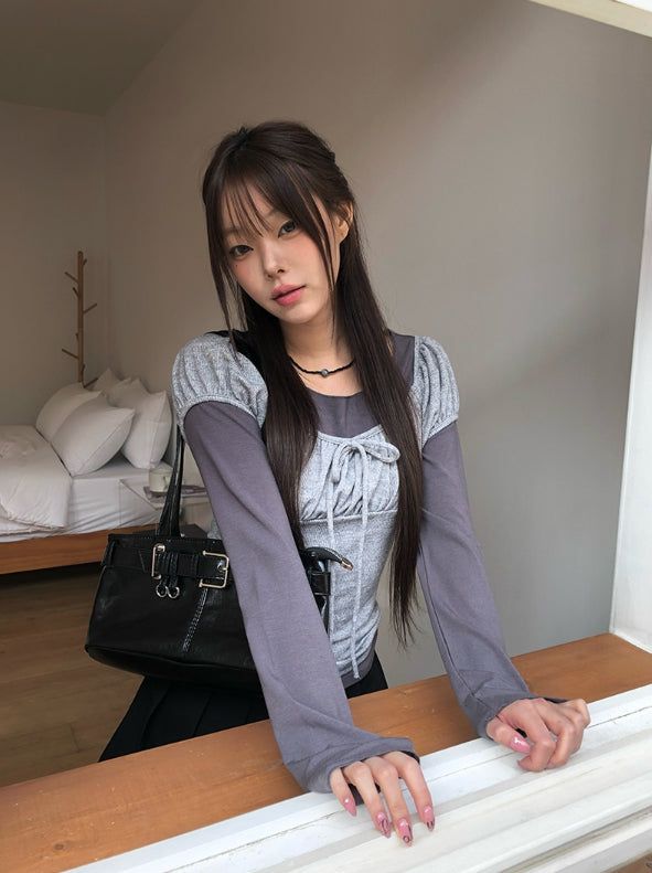 anyonemore（エニーワンモアー）の「[Fake Layered] Hein Puff Ribbon Short Sleeve Layered T-Shirt Set（Tops）」
