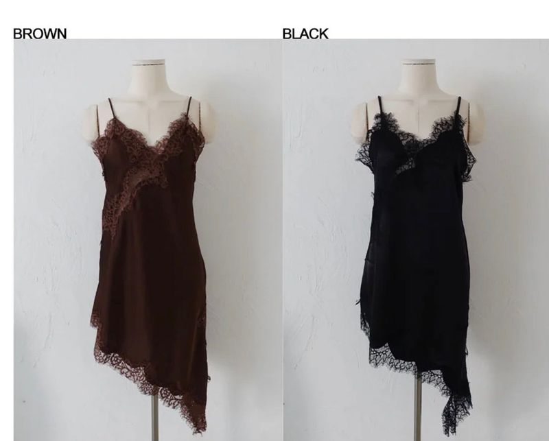 LACE SATIN UNBALANCE SLIP MINI DRESS (NAVY)