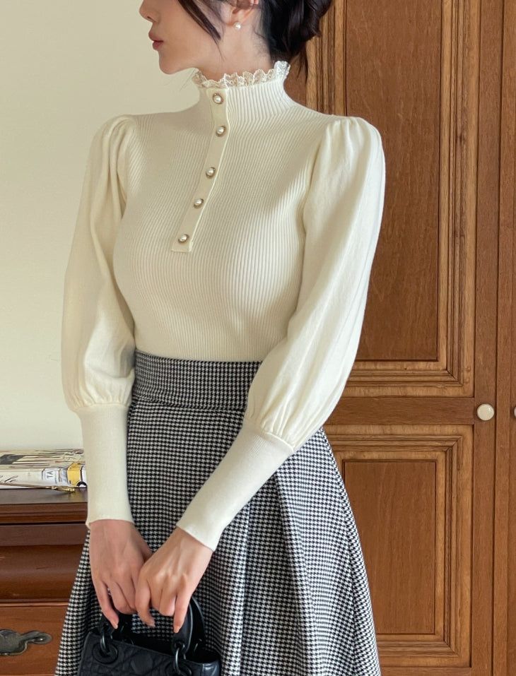 Levin Puff Pearl Button Frill Lace Turtleneck Knit