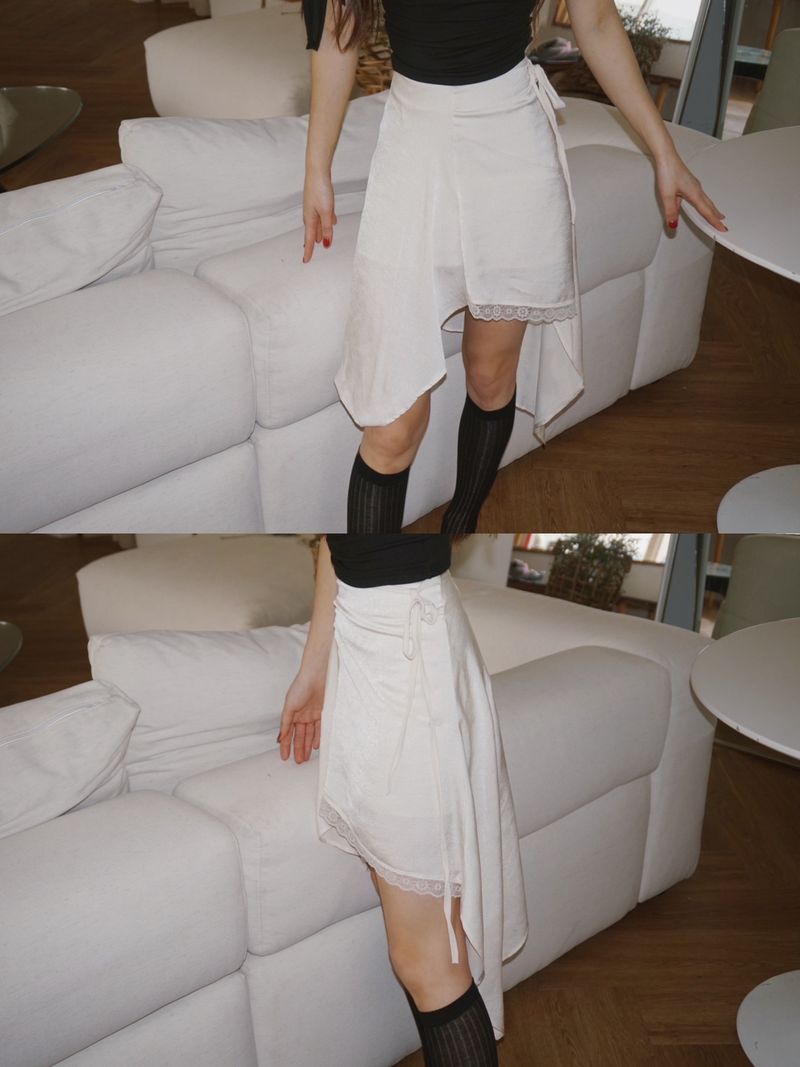 silk unbalanced wrap midi skirt