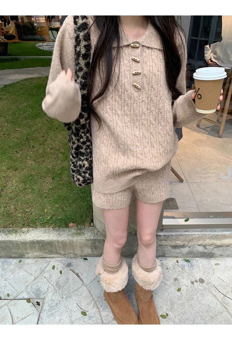 Oatmeal toggle wool twisted knitwear two-piece set