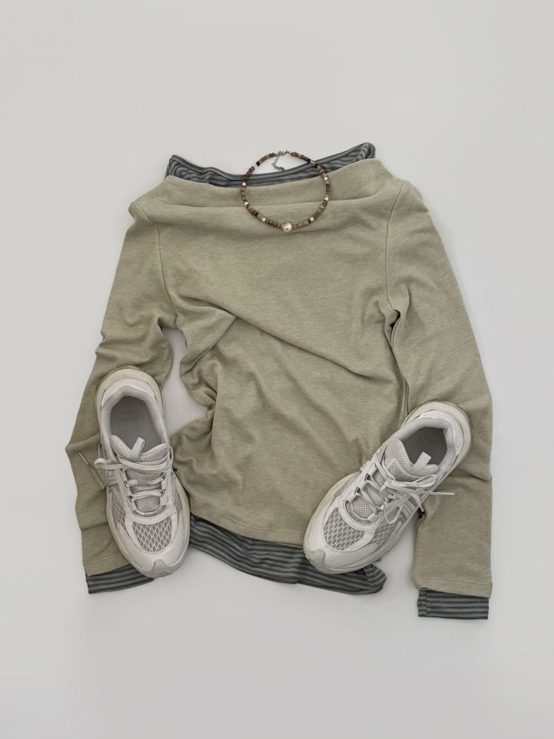 [prts made] soft touch boat-neck long sleeve T-shirts (blue stripe)