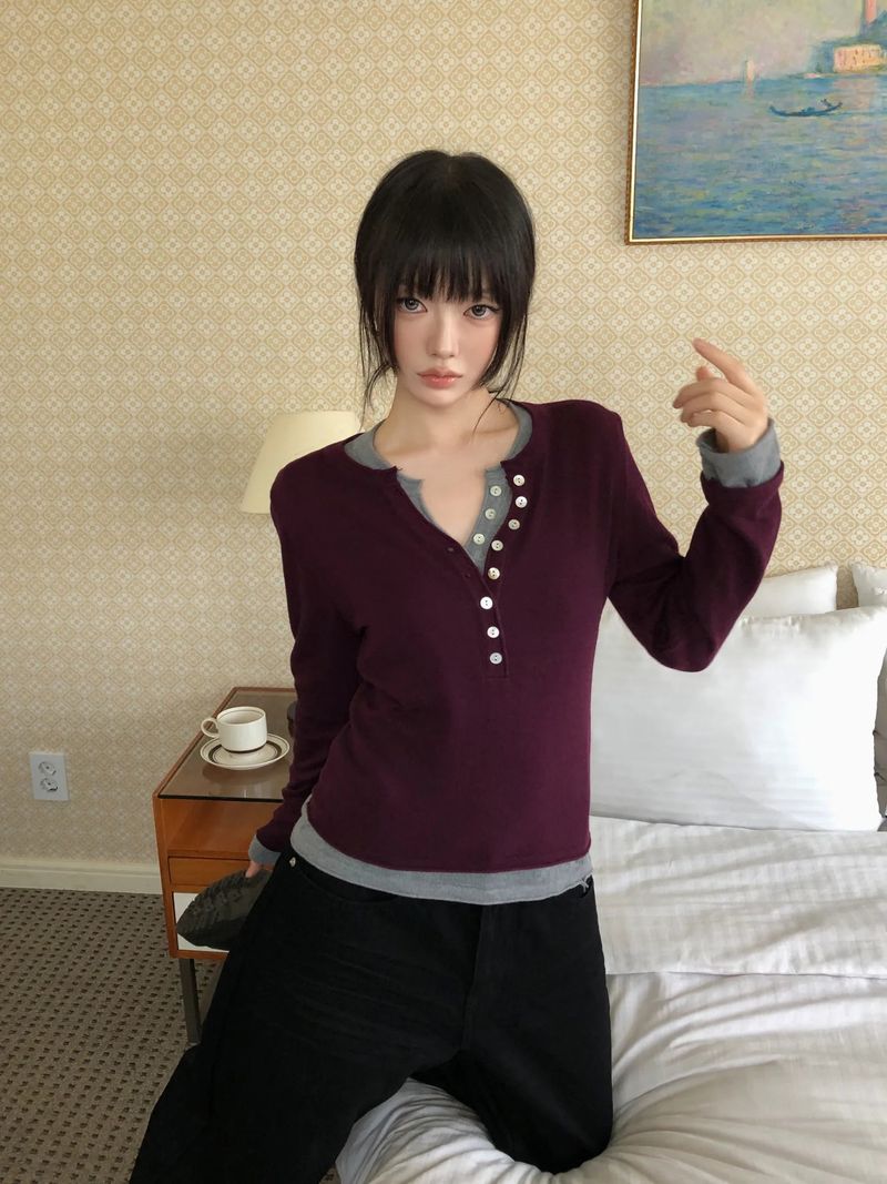 Chea Button V-Neck Long-Sleeve Knit