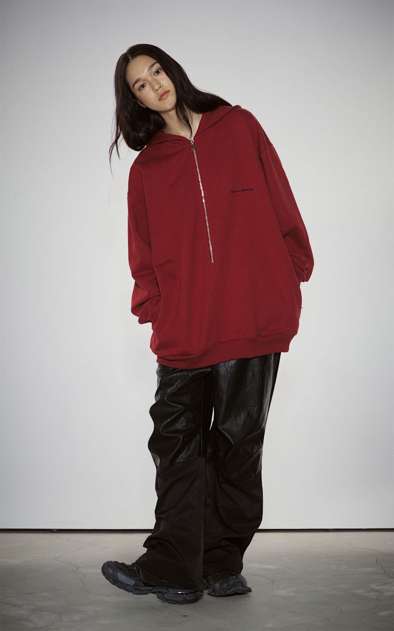 HAIF-ZIP HOODIE (LONG)_DARK RED
