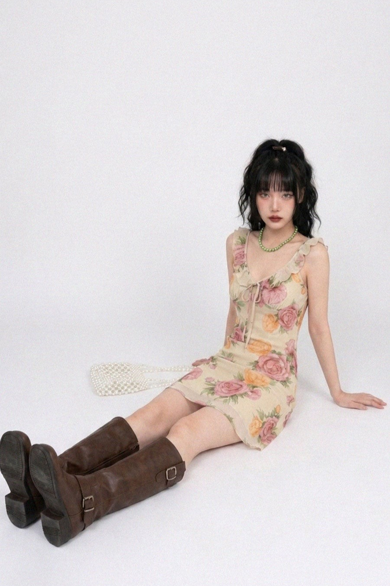 VINTAGE ROSE RUFFLE-STRAP MINI DRESS