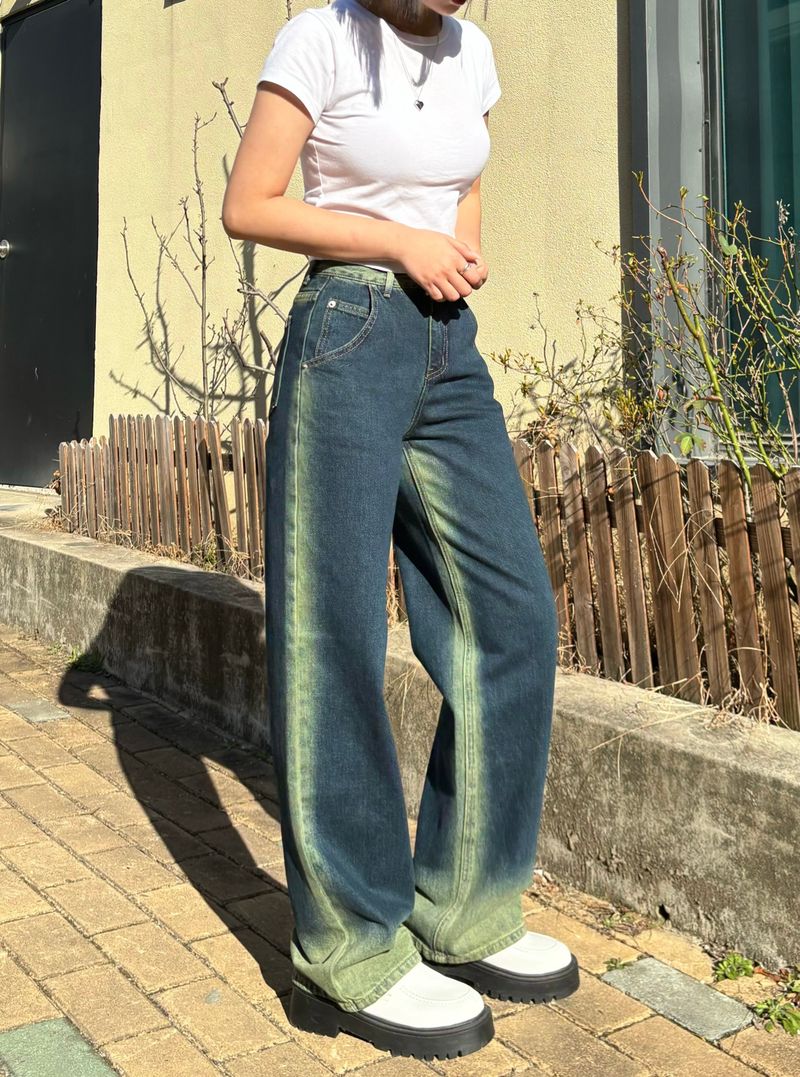 GREENERY COLOR SPRAY DYED WIDE DENIM PANTS code 21017